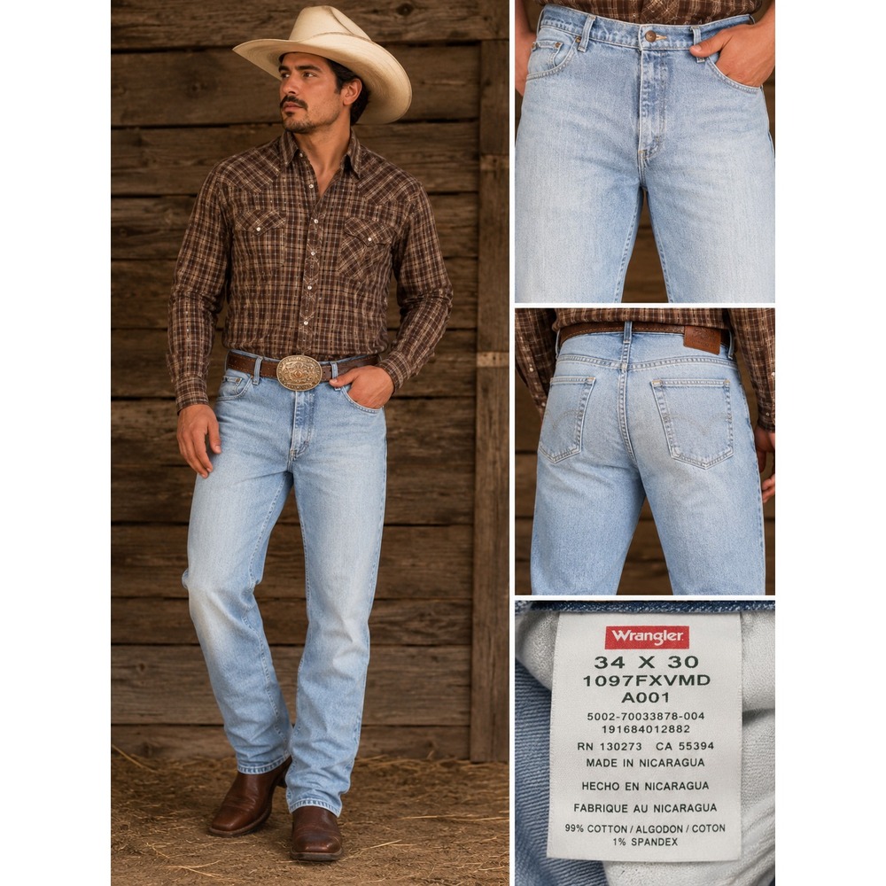 Wrangler Premium Men's 34x30 Light Wash Relaxed Straight Leg Jeans Stretch Denim